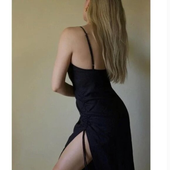 TROIS The Brand Lotte Dress Black Thigh High Slit Size 2-4 in 100% Linen NEW - Picture 11 of 11